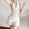 2026 European and American Spring Fashion Trend Women's Clothing New Neck Backless Slim Solid Color Ruffle Edge Dress