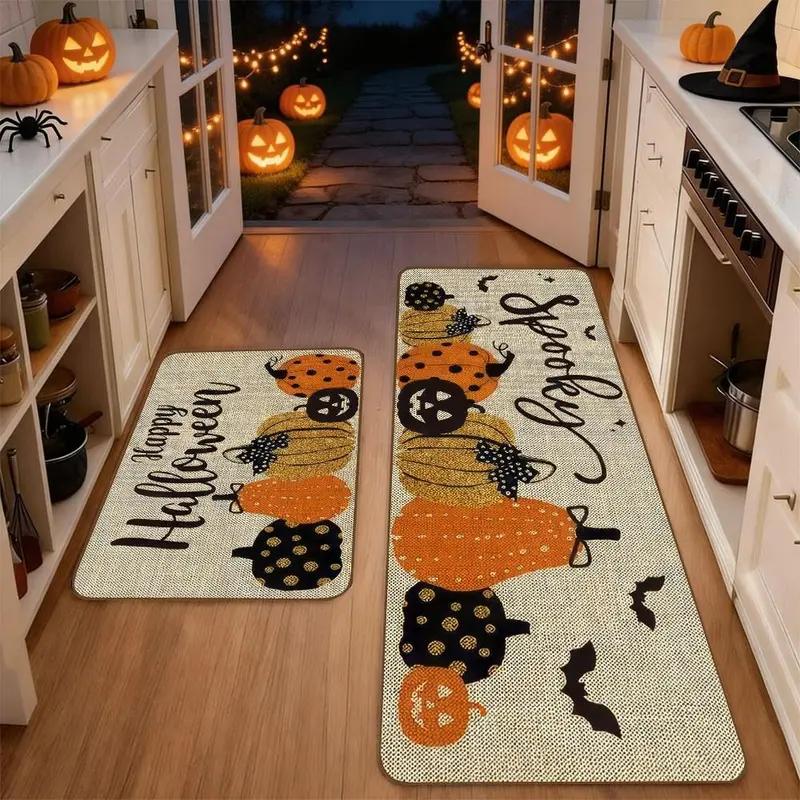 1/2pcs Halloween Kitchen Carpet Pumpkin Bat Non-Slip Oil Proof Floor Mat Entrance Hallway Carpet Home Decor
