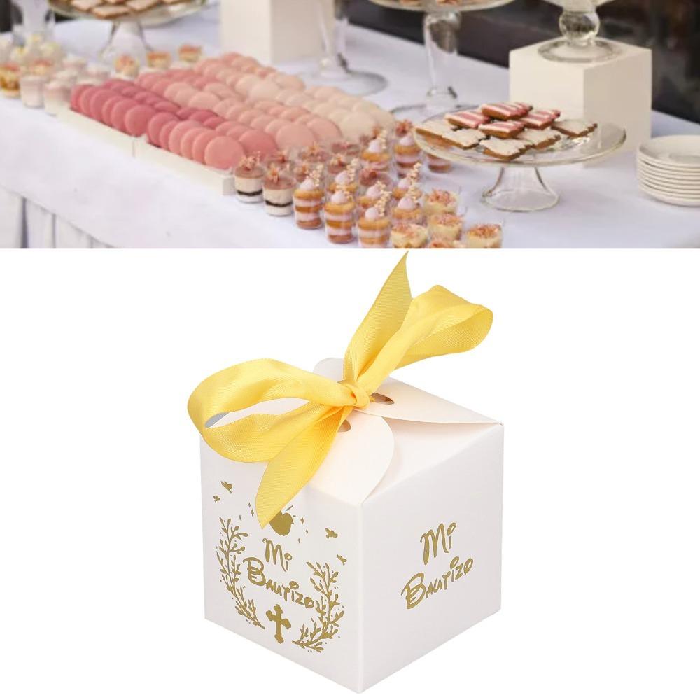 

50pcs White Party Favor Boxes Gold Ribbon Candy Boxes Party Decorations Baptism Decorations Party