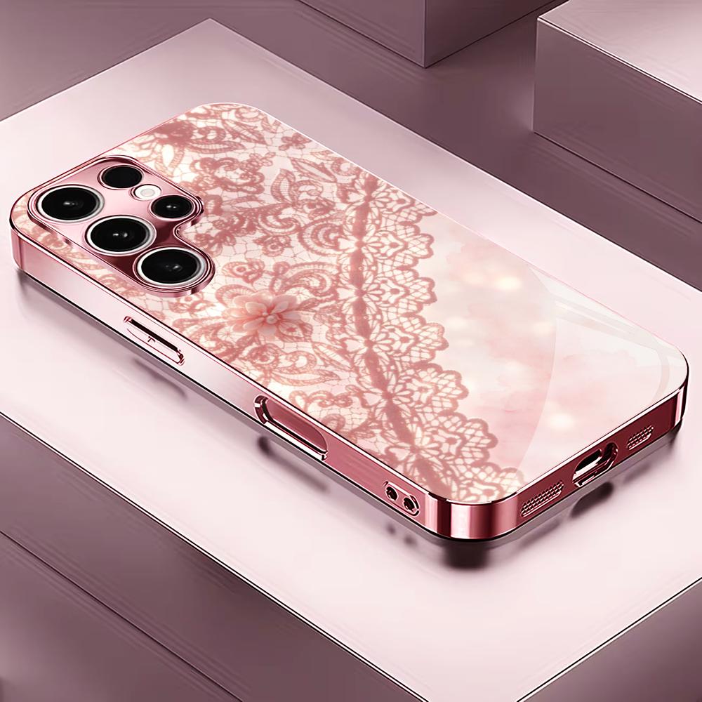 Exquisite Pink lace pattern phone case s26 ultra case quad lock glass for Samsung Galaxy S26 S25 S24 S23 S22 FE,Ultra,Plus