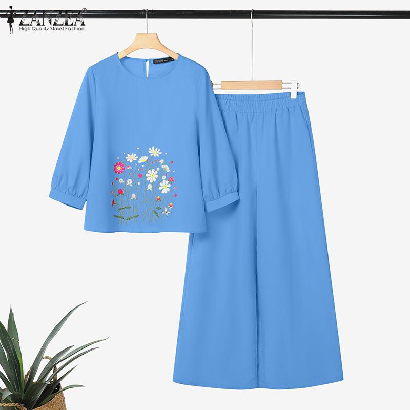ZANZEA Women 3/4 Sleeve Floral Blouse and Pants Summer Two Piece Suit Sets