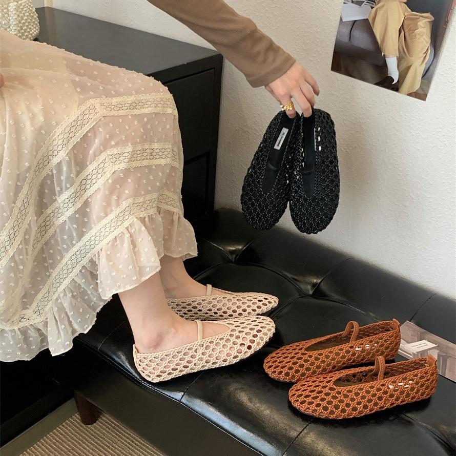Leather Version~ Round Head Hollow Woven Retro Flat Shoes Women's Sandals One-word Fishing Net Shoes Breathable Shallow Mouth Single Shoes