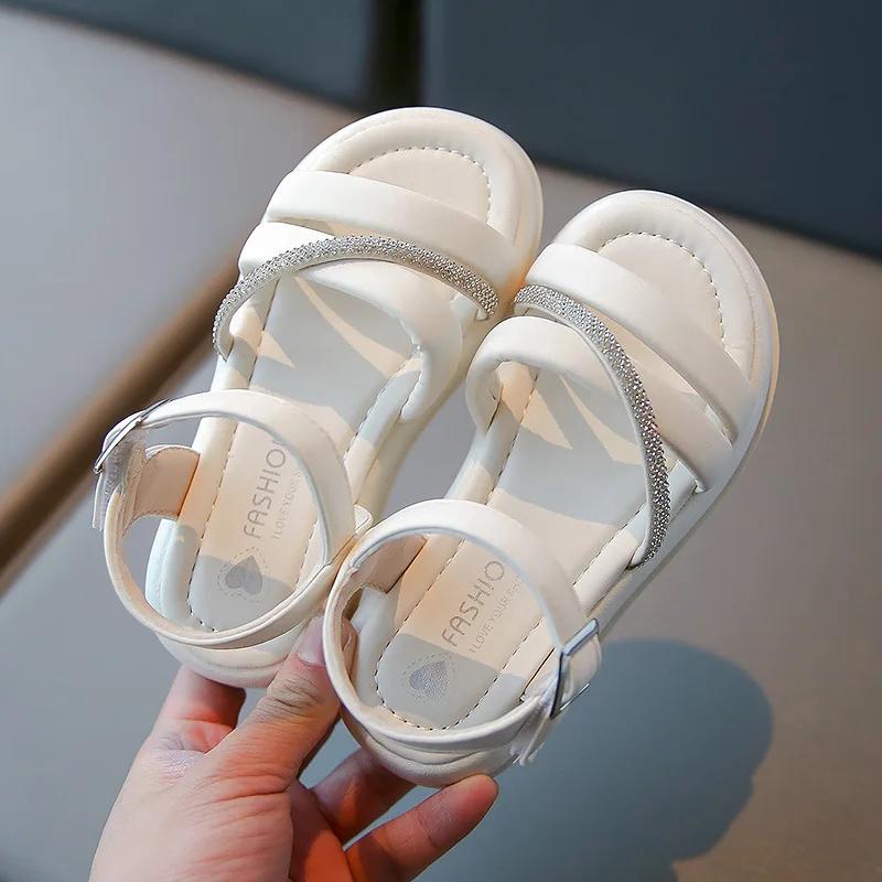 Girls' Sandals 2024 Summer New Children Fashion Versatile Beach Shoes Little Girl Sweet Casual Princess Shoes with Shiny Diamond