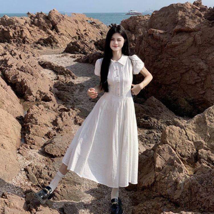 

Women s White Puff Sleeve A-Line Dress - Slim Waist, Wide Hem, Chic First Love Style S (Below 95 lbs)