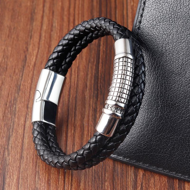 Luxury Vintage Handmade Leather Braid Men Bracelet Stainless Steel Buckle Business Men's Bangles For Friend Partner Lovers Gift
