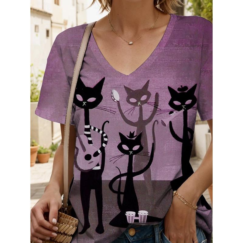 Women's T Shirt Graphic Animal Cat Vintage Stylish Classic Short Sleeve V Neck Regular Tops Daily Print Dusty Rose