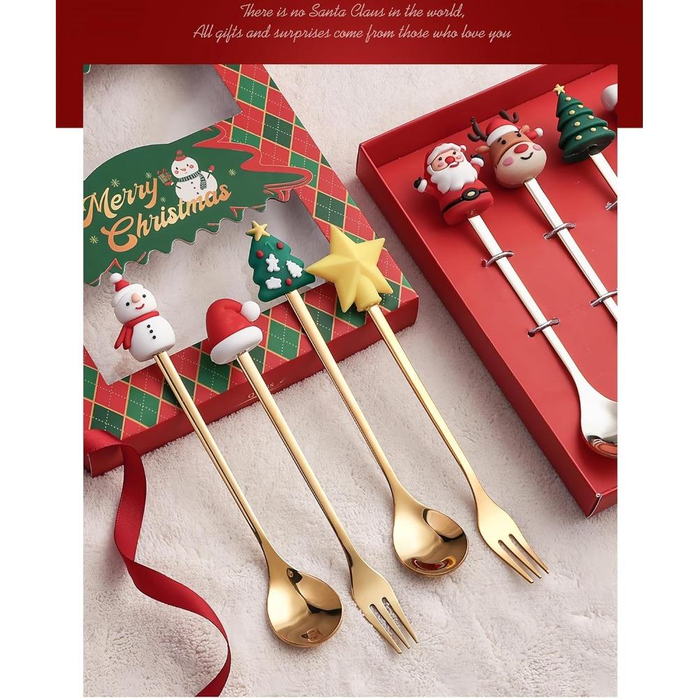 6 Pcs Christmas Decorative Spoons and Forks for Home Coffee Spoons Dinner Forks Dessert Spoons Stirring Spoons Green Packaging