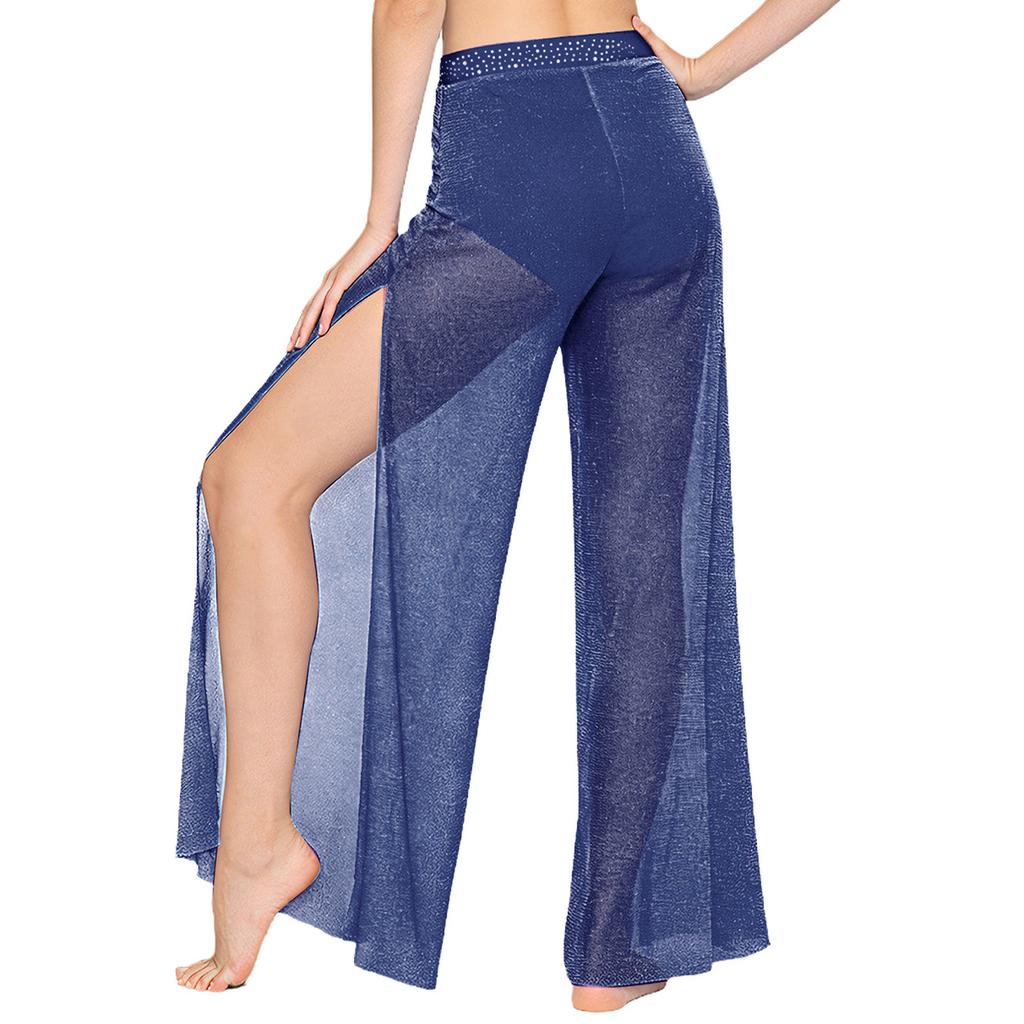Womens Lyrical Dance Pants Rhinestone Waist Shimmering Mesh Legs Built In Briefs Modern Costume