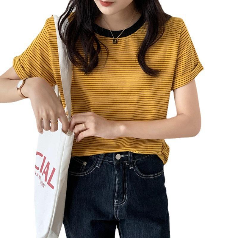 Striped T-shirt Short-sleeved Women's Summer Clothing New Round Neck Loose and Careful Machine Foreign Style Simple Student Top