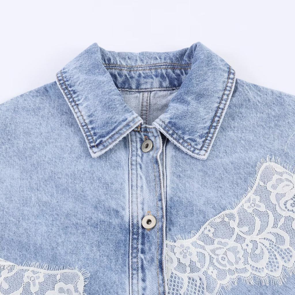 Stile europeo e americano, abbigliamento da donna all'ingrosso, giacca corta in denim con pizzo versatile e alla moda + jeans