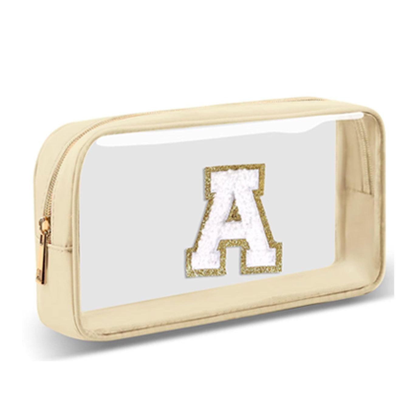 

Маленькая прозрачная персонализированная косметичка с первой буквой, нашивка из шенилла A-Z, преппи нейлоновая косметичка на молнии, одобрено TSA A бежевый
