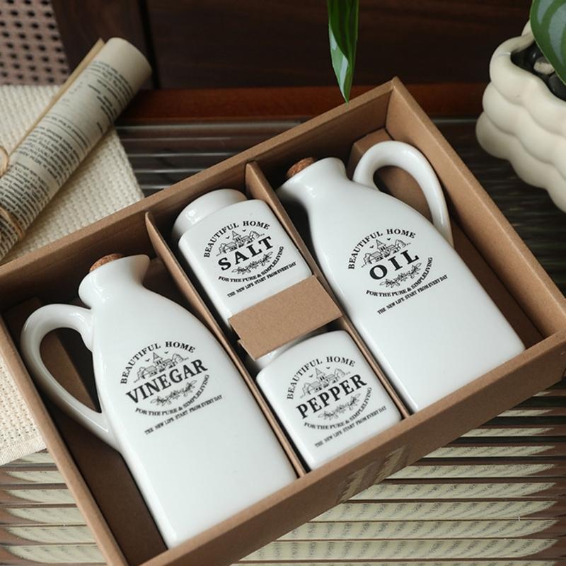 4pcs Ceramic Dispenser Set Including Oil Bottle Vinegar Bottle Salts Pepper Shaker Practical for Home Cooking