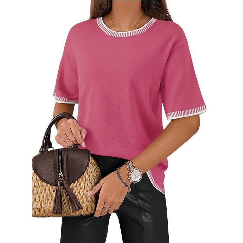 Color Contrast Ribbed Round Neck Short Sleeve Knit Pullover Sweater For Women