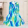 Women Plus Size V Neck Long Sleeve Printed Blue Green Tie Waist A Line Flared Dress