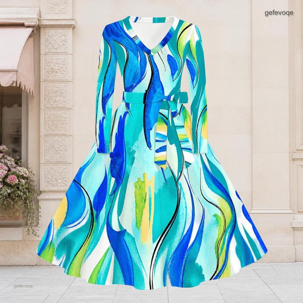 Women Plus Size V Neck Long Sleeve Printed Blue Green Tie Waist A Line Flared Dress