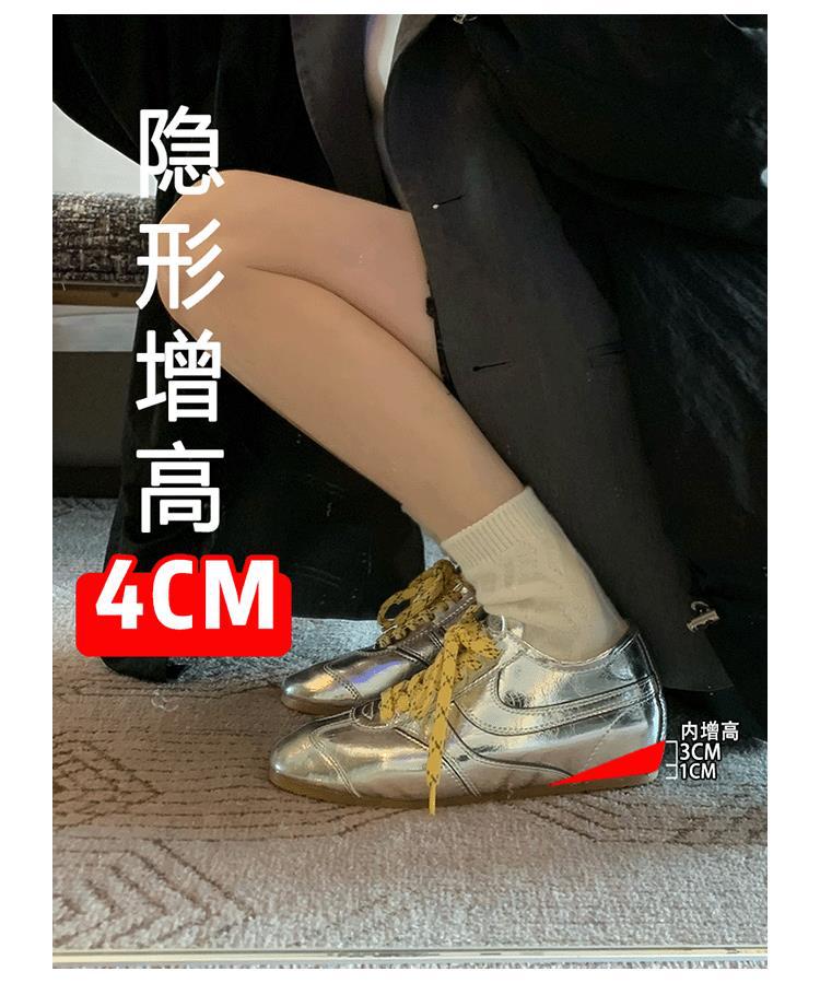Sheepskin new spring and autumn ballet style silver inner height increase moral training shoes women's casual sports shoes lace-up flat baseplate shoe