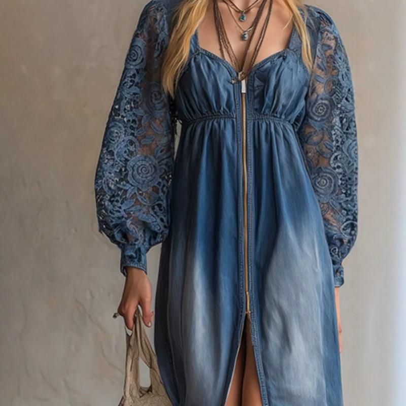 Rochie Maxi Albastră din Denim cu Dantelă, Mânecă Lungă, cu Decupaj la Tiv, Decolteu în Formă de Inimă, Croială Largă 2026