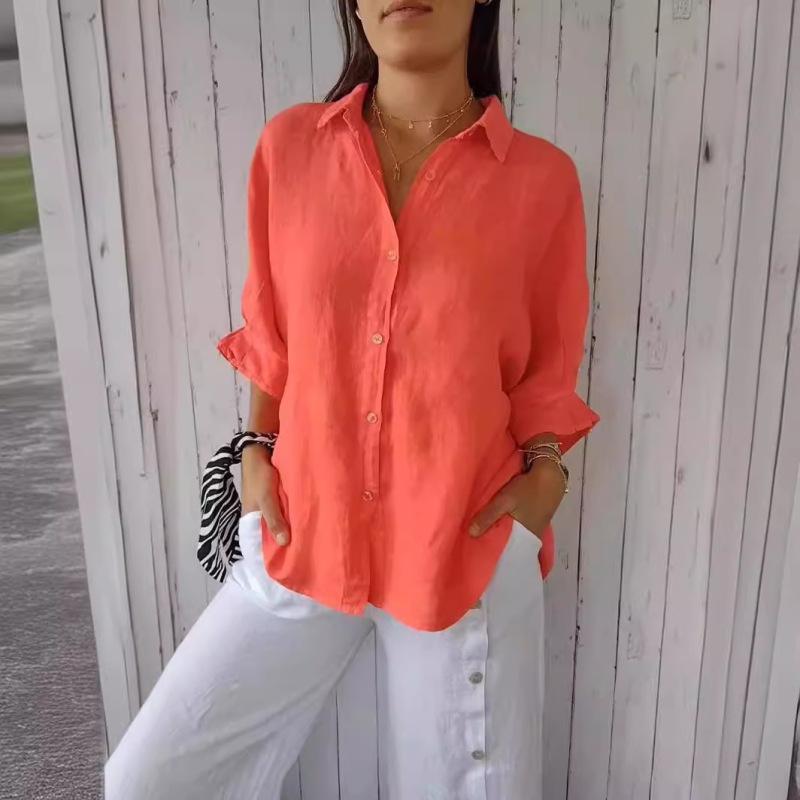 Women's Shirt Solid Color Long Sleeve Lapel Tie Back Cotton and Linen Shirt Clothes Sale