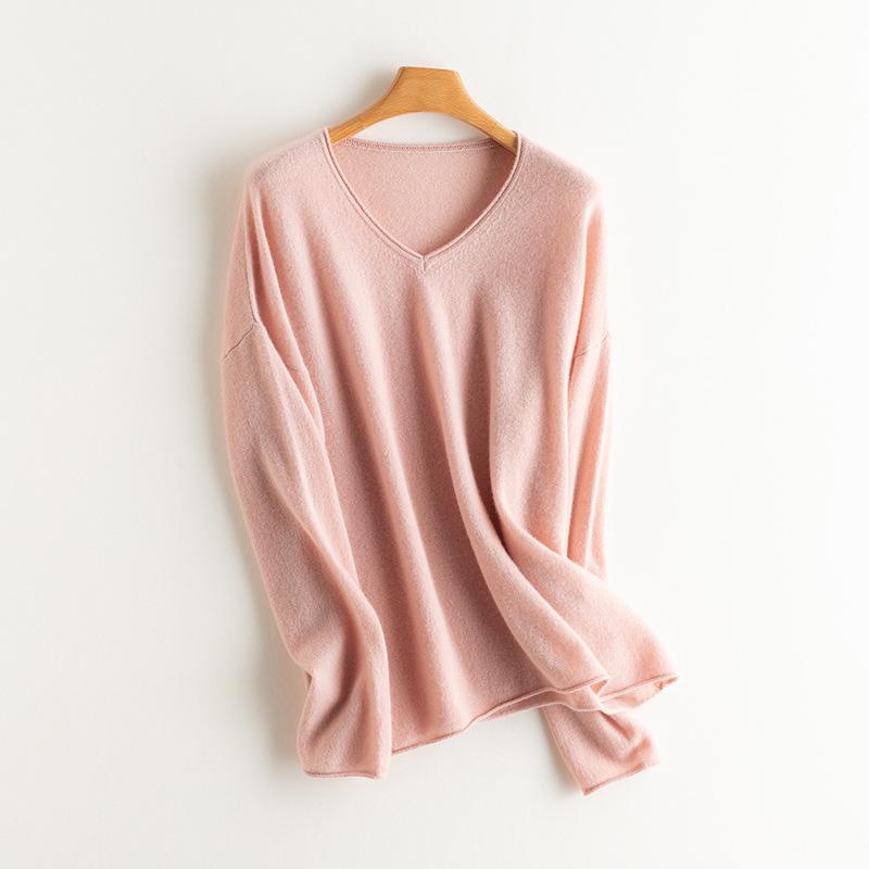 Women's V-Neck Cashmere Pullover Sweater - Loose Fit, Long Sleeve, Versatile for Autumn & Winter.