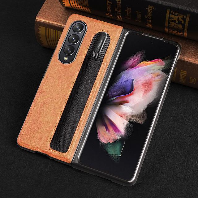Fashion Leather Lychee Pattern Pencil Pen Slot Case For Samsung Galaxy Z Fold 3 Pc Cover Anti -Knock Luxury Cases For Fold3 F9260