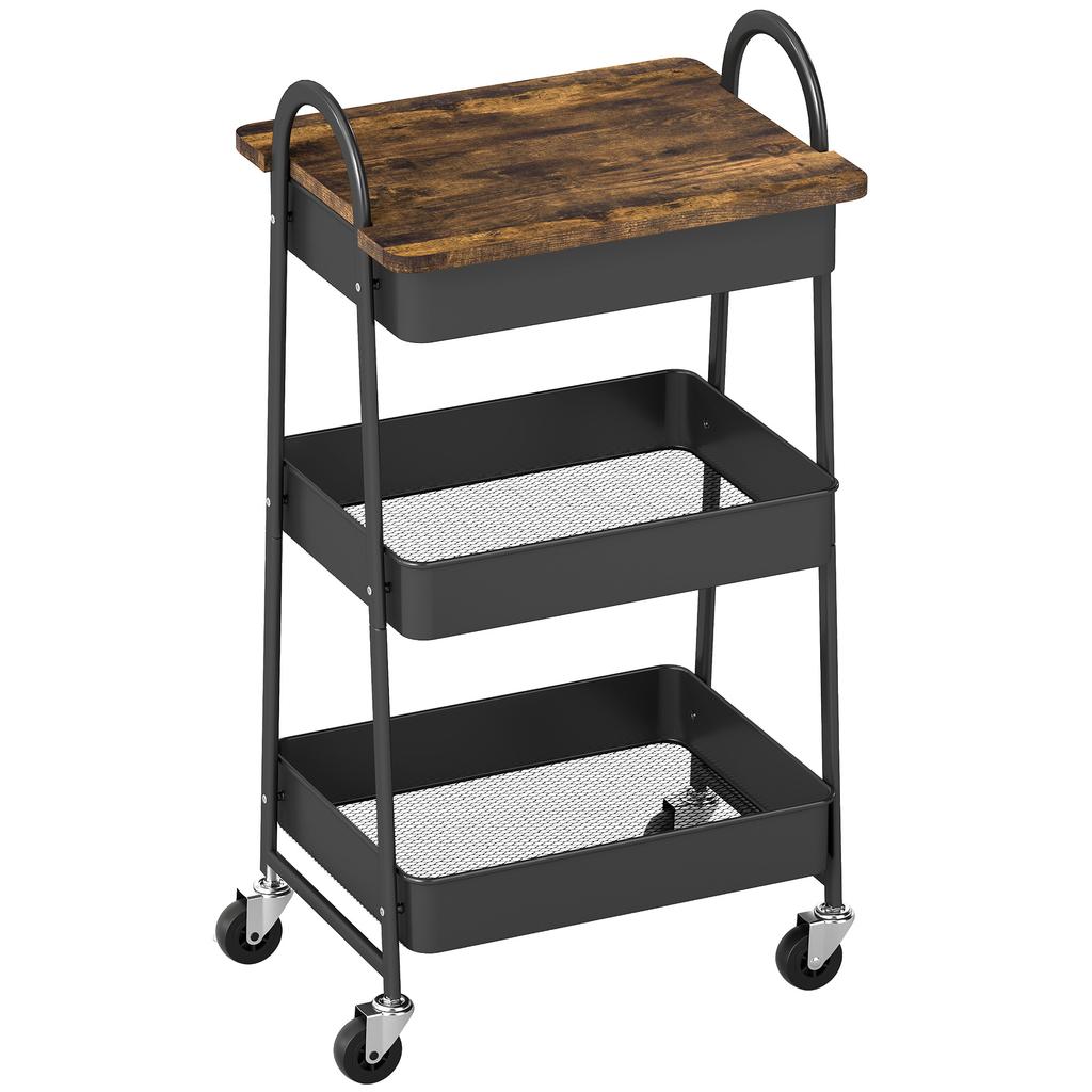 3 Tier Kitchen Storage Trolley With On Wheels Cover Top Board Rustic Brown And Black