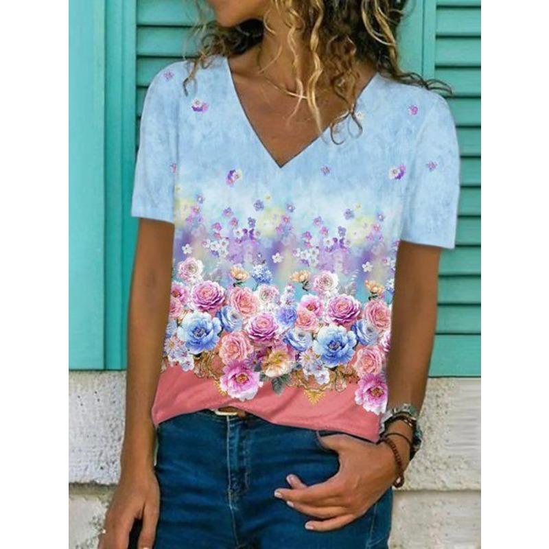 Damen Retro V-Ausschnitt Kurzarm T-Shirt, Nische Sommer Casual Locker T-Shirt