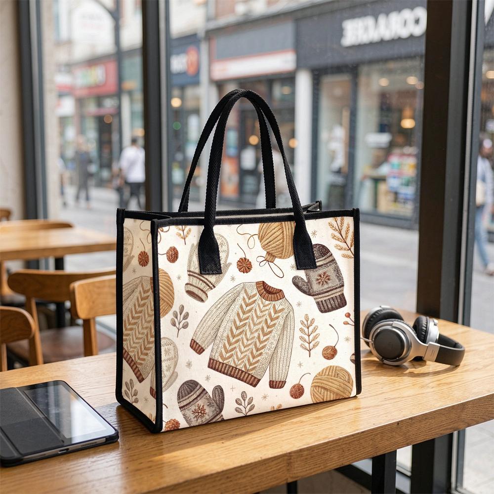 Cozy Winter Pattern Tote Bag Fashion Casual Daily Use Portable Large Capacity Handbag for Women