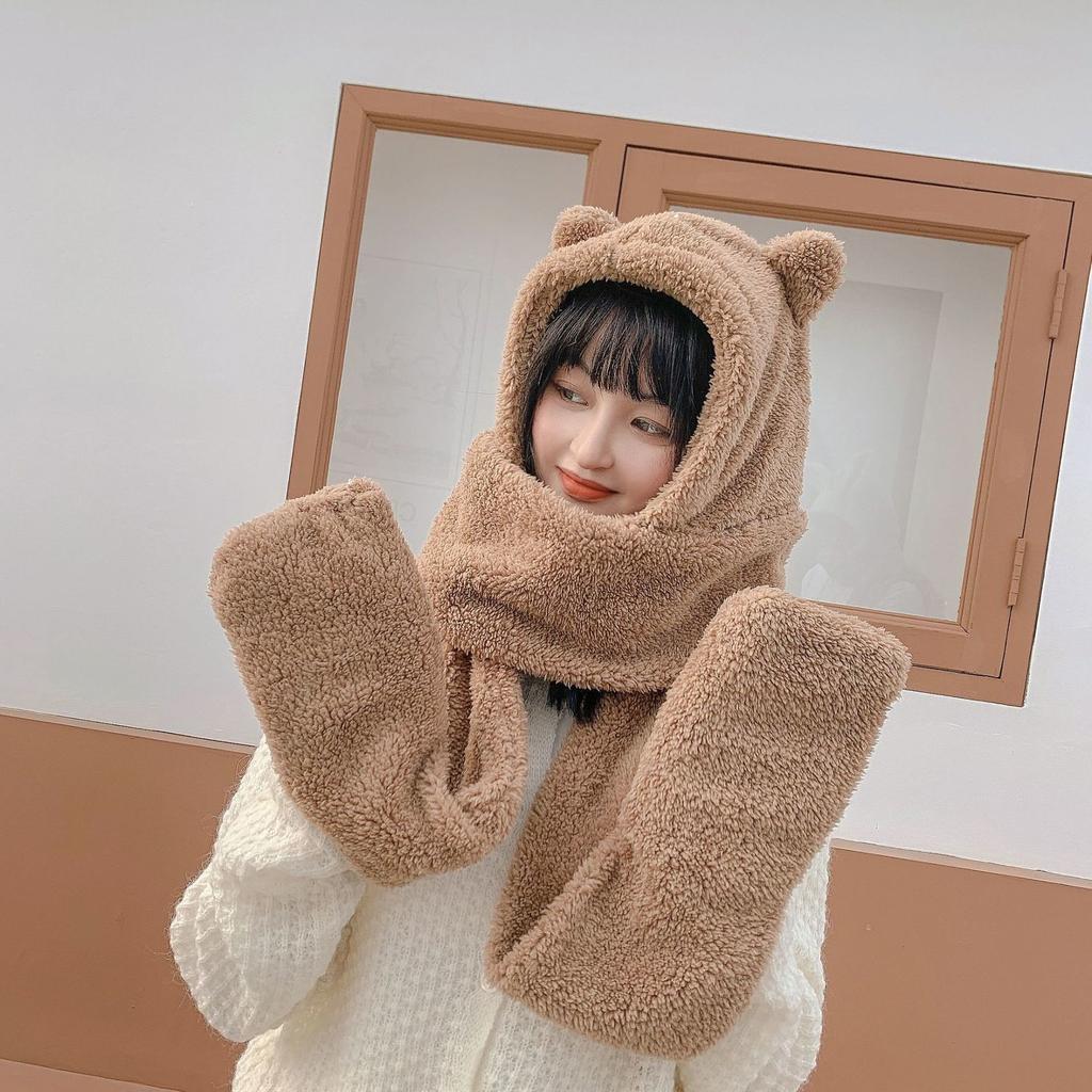 Bear Scarf with Integrated Women's Gloves and Ear Protection Hat, Cute Women's Hat Three-Piece Set, Thickened and Warm, Double-Layered for Cold