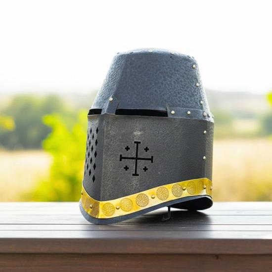 Handmade Templar Crusader Helmet, Black Great Helm Steel Full Face Knight Helmet for LARP, Cosplay and Gift for Him