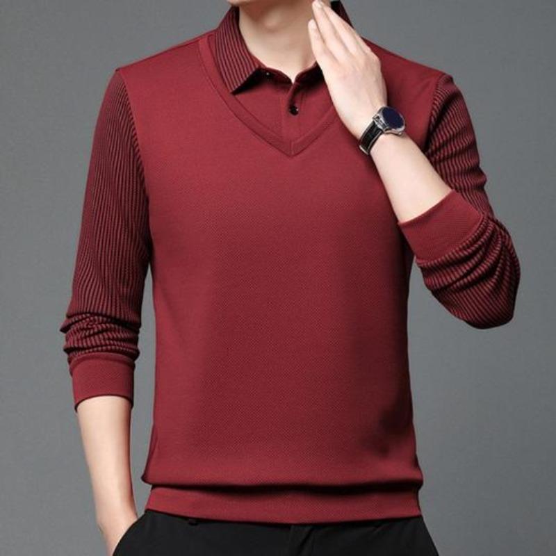 Uomo Autunno Primavera Camicia Collo Turn-down Finto Due Pezzi Maglione Patchwork Taglie Forti Righe Bottoni Stile Formale Business Uomo Top Ufficio