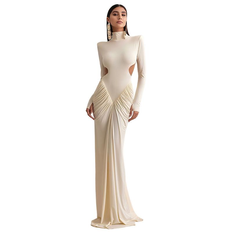 Women High Neck Cut Out Ruched Maxi Dress Slim Fit