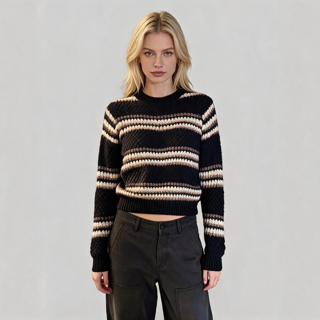 Winter New European and American Short Knit Sweater for Women, Crew Neck Striped Color-block Slimming Top