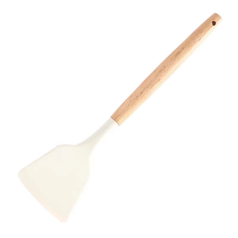 Silicone Spatula & Ladle Set with White Wood Handles - Non-stick Kitchenware for Stir-fry & Baby Food
