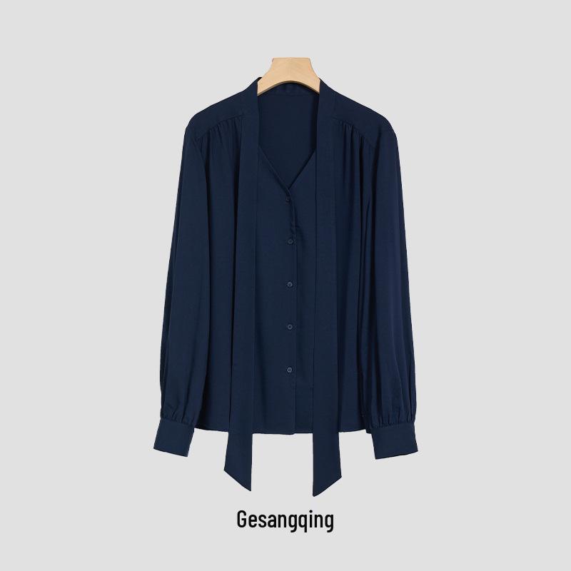 Rong Tai Women s Elegant French Ribbon Long Sleeve V-Neck Chic Shirt - Spring 2026 Collection Small