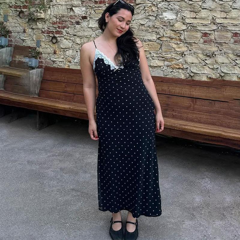 

Сексуальна мереживна максі-сукня з V-подібним вирізом для жінок, принт у горошок, на тонких бретельках, обтисла, елегантна, клубна, максі, bodycon, Vestidos, Весна 2026 L чорний