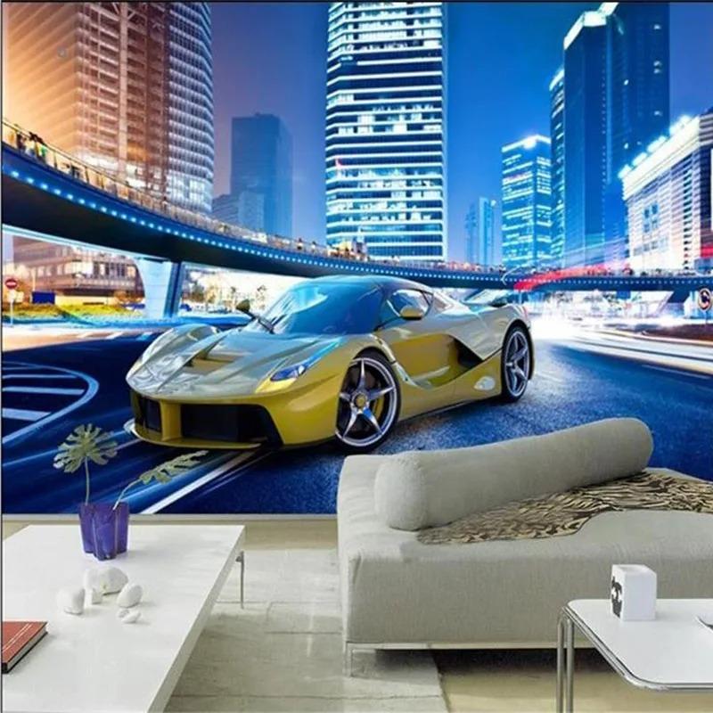 Yellow Car Wallpaper City Night Landscape 3d Wall Mural Modern Restaurant Clubs Bar Interior Wall Paper Decor