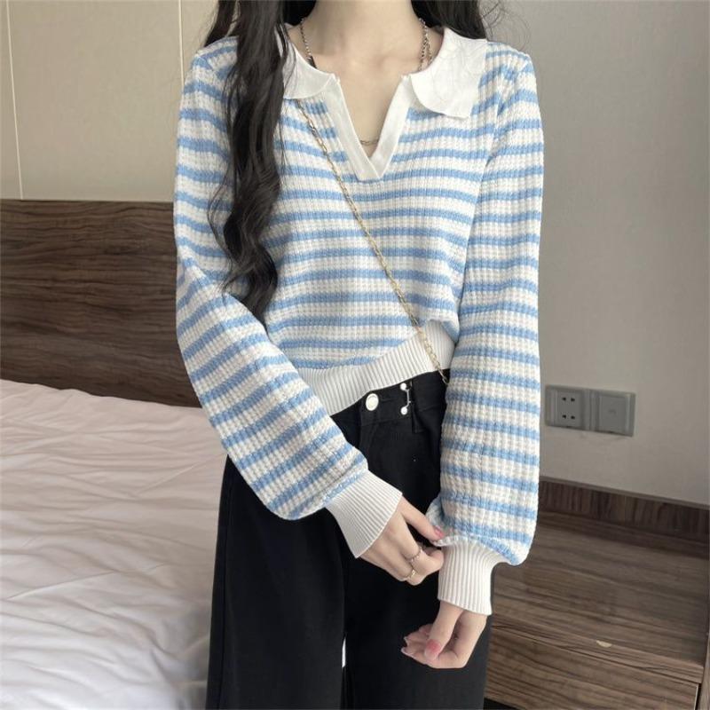 Женский полосатый короткий свитер Корейская версия Свободный Полосатый цвет Женский пуловер Весенний Повседневный Тренд Женский вязаный топ One Size