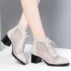 Women's Leather Mesh Hollow Out Cool Boots Spring Summer New Block Heel Pointed Toe Breathable High Heel Zippers Ankle Boots