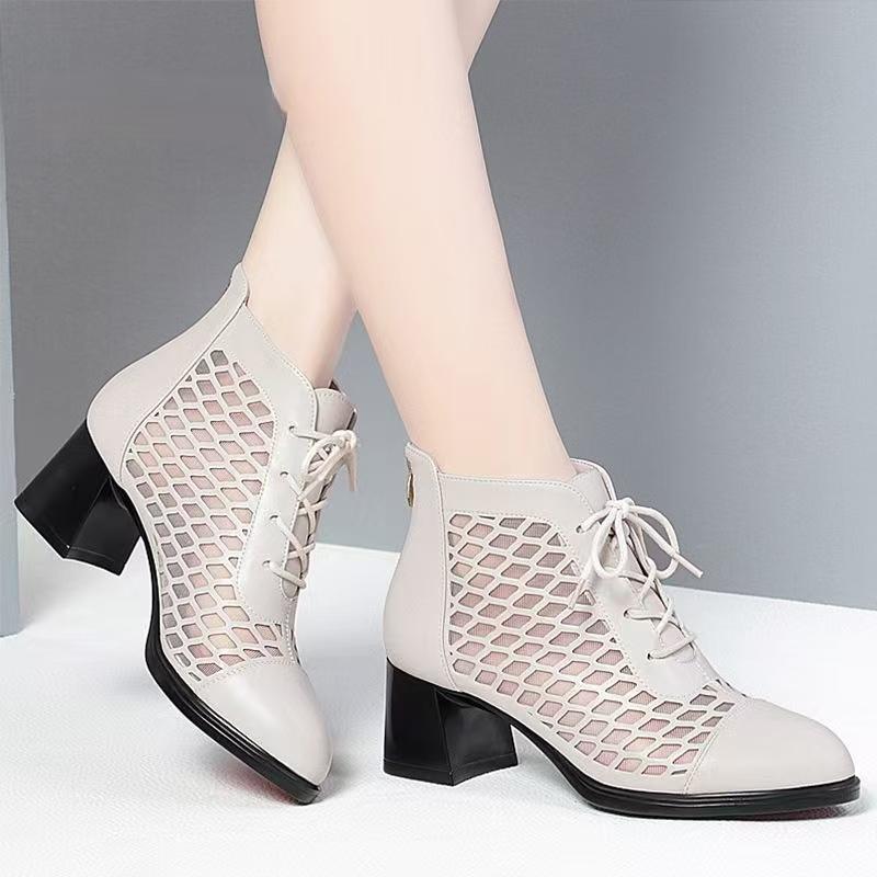 Women's Leather Mesh Hollow Out Cool Boots Spring Summer New Block Heel Pointed Toe Breathable High Heel Zippers Ankle Boots