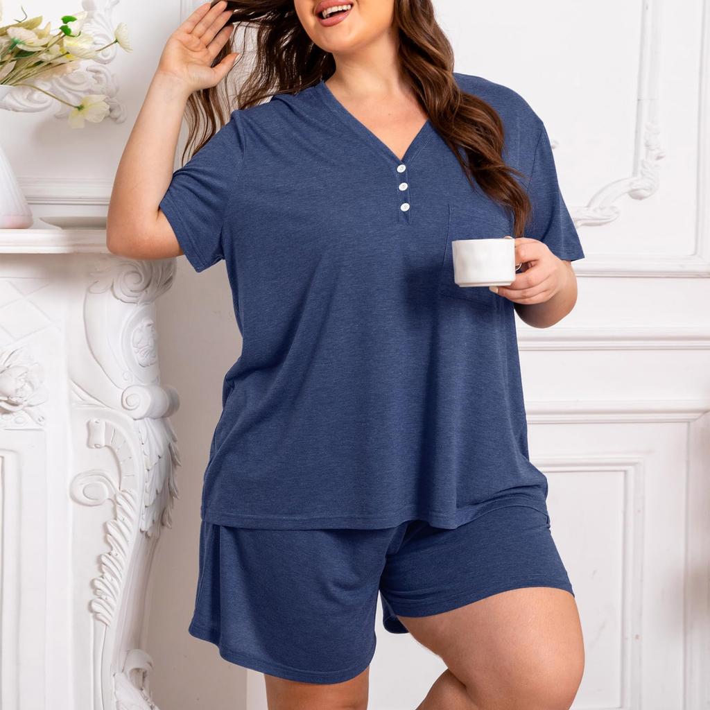 Plus Size Women's Two Piece Lounge Set Short Sleeve V Neck Top with Button Detail Elastic Waist Shorts Casual Sleepwear Set