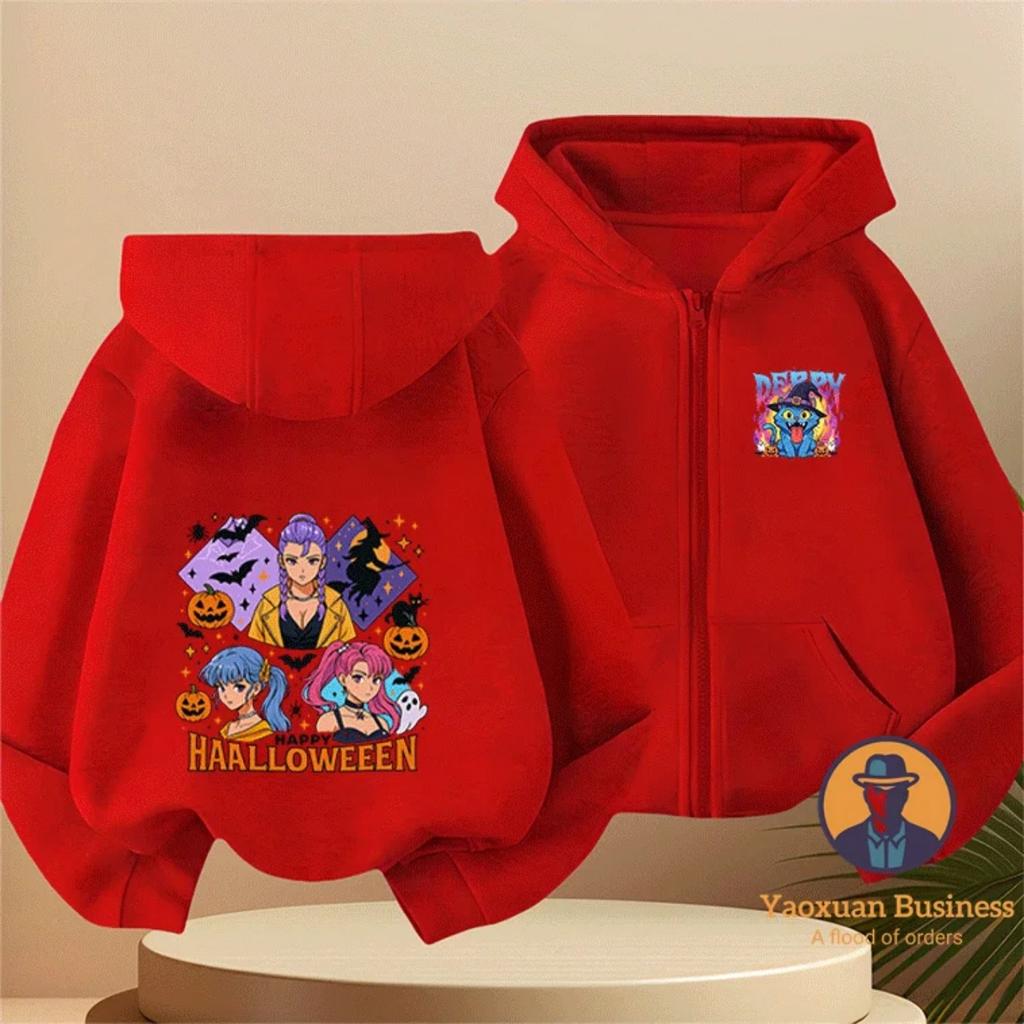 Halloween Style KPop Devil Hunter Girl Children's Zipper Hoodie Cute Cartoon Print Warm Windproof Autumn and Winter Fashion Clothing