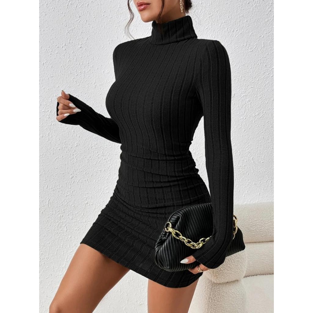 2024 Women Clothing New Solid Dresses Mini Dress Club Elegant Party Dresses Black Solid Turtleneck Long Sleeves SheathDress