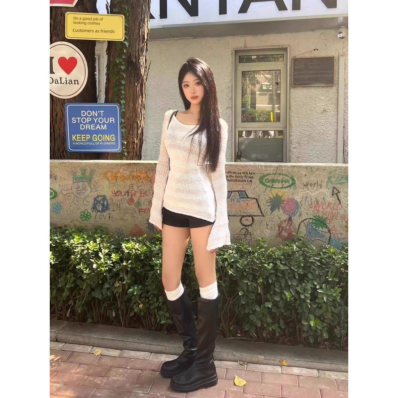 

Белый Ажурный Солнцезащитный Накидка для Улицы Тонкий Высококачественный Летний Свободный Топ с Рукавами-Колокольчиками из Ледяного Шелка Beige White M