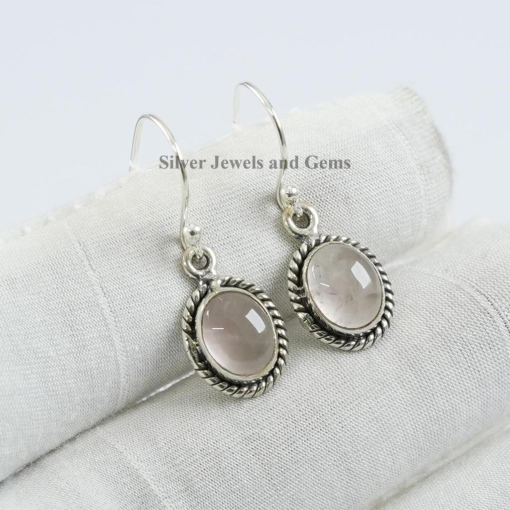 Natural Rose Quartz Earring, Oval Gemstone Earring, 925 Sterling Silver Earring, Gift for Girls, Capricorn Birthstone, Handmade Earring