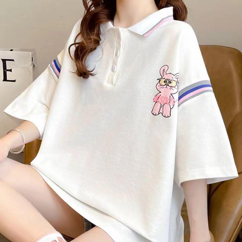 Korean Style Cartoon Print Polo Collar T-Shirt for Medium & Large Kids - Loose, Breathable, Short-Sleeve Summer Top