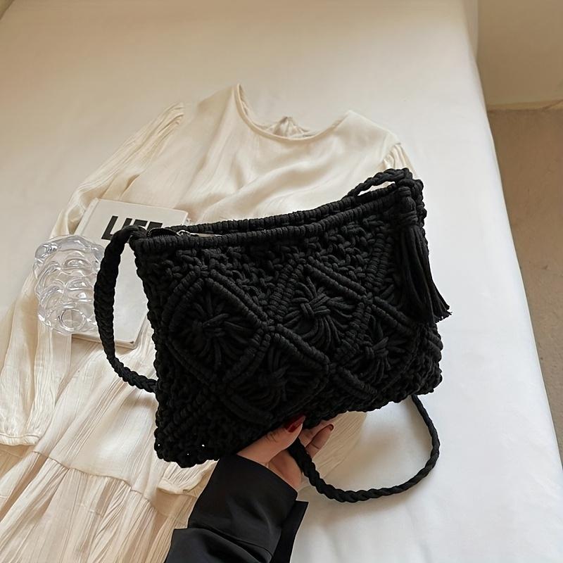 Ladies' Bohemian Style Handmade Woven Shoulder Bag - a Lightweight Summer Beach Clutch with Tassel Details,Crossbody Design