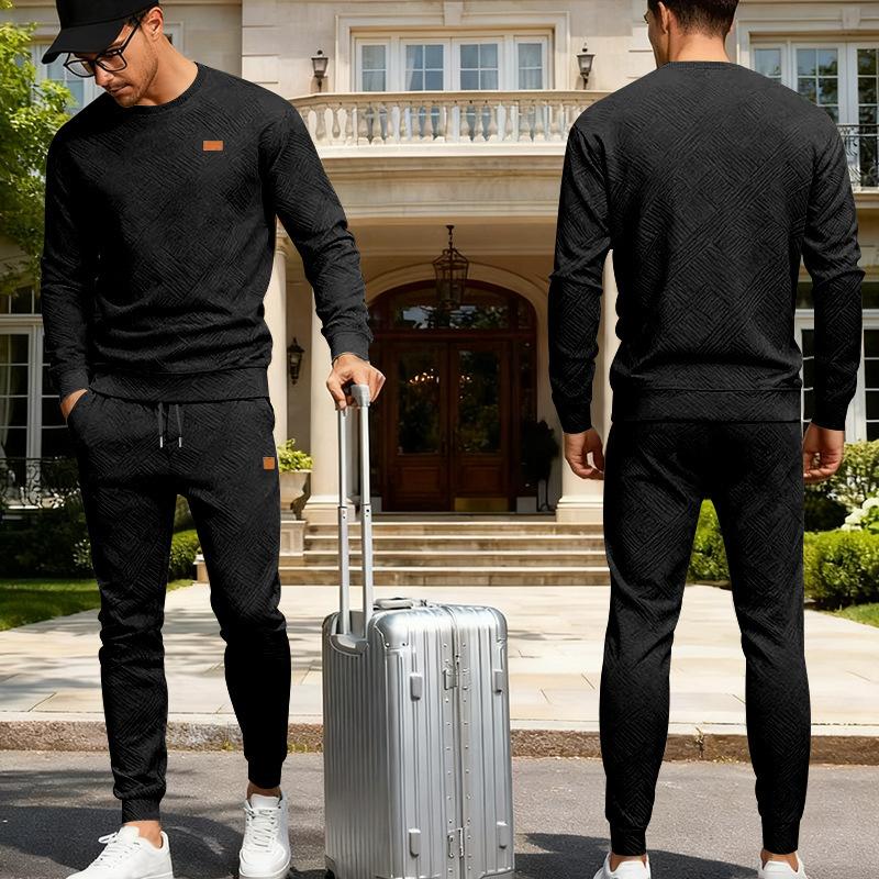 

New Autumn and Winter Men s Sports and Leisure Suits Round Neck Jacquard Sweater Suit S чорний