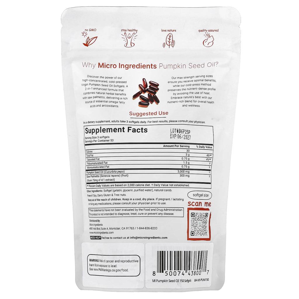 Micro Ingredients Pumpkin Seed Oil, Cold-Pressed, 150 Softgels