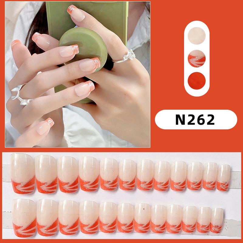 

French Minimalist Nude Orange Silver Glitter Removable Press-On Nails for Fair Skin—Finished Manicure Nail Tips.