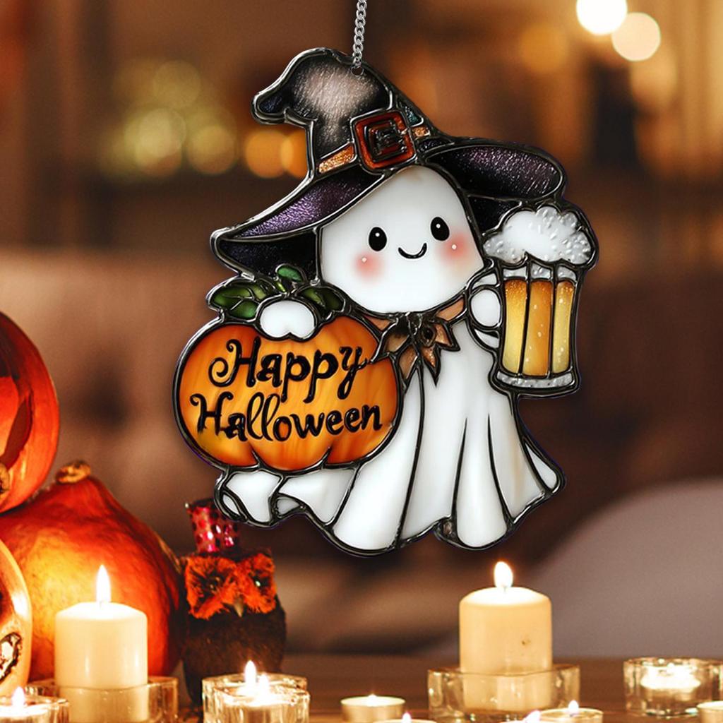 Halloween Ghost Stained Glass Ghost Decor 2D Cute Spooky Pendant Sun Catcher For Window Decor Indoor Outdoor Holiday Crafts